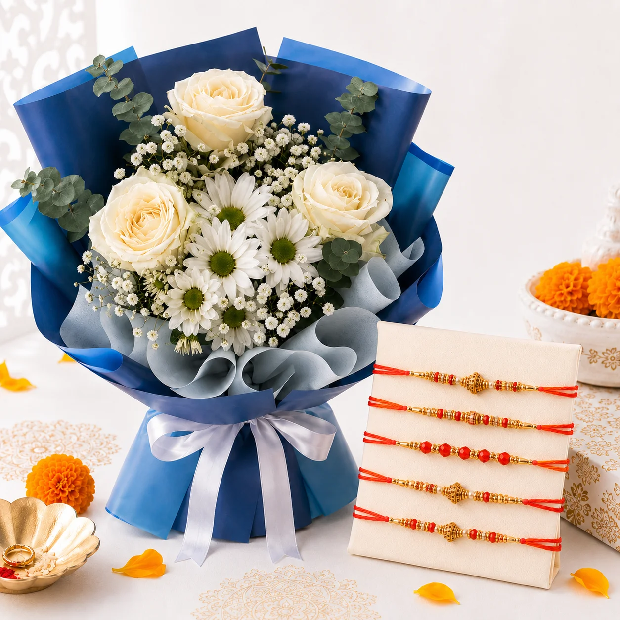 Pure Sibling Blessings – White Floral Bouquet with 5 Rakhi Set-2
